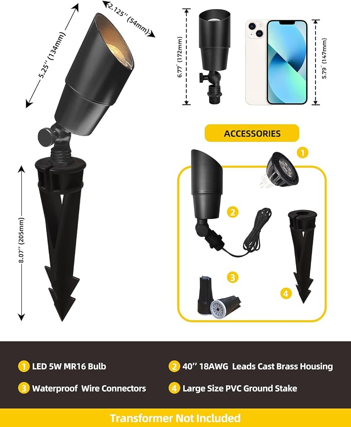 COLOER Brass Low Voltage Landscape Spotlight(Black) 1-Pack with 5W Aluminum Housing MR16 LED Bulb 2700K 450LM CRI85+,12V AC/DC Outdoor Uplighting, Directional Garden Patio Spot Up Light(101B-Black)