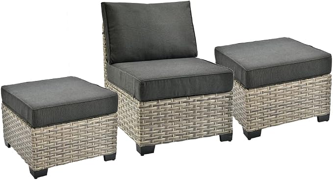HOOOWOOO Outdoor Sectional Patio Furniture Set,3 Pieces Set with 1 Armless Wicker Chair and 2 Ottomans,Extra Deep Out Door Sofa Outside Furniture,Black