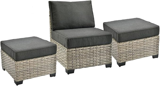 HOOOWOOO Outdoor Sectional Patio Furniture Set,3 Pieces Set with 1 Armless Wicker Chair and 2 Ottomans,Extra Deep Out Door Sofa Outside Furniture,Black