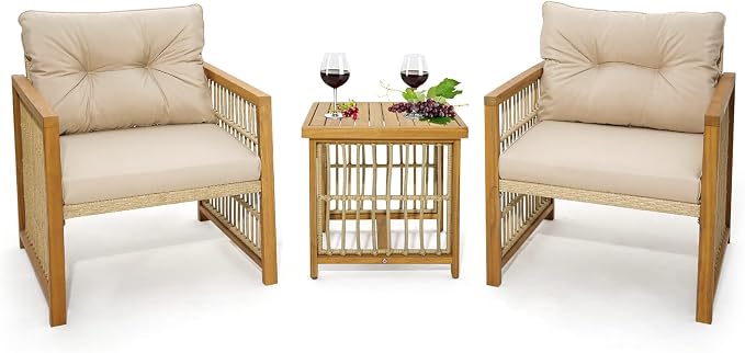 Tangkula 3 Pieces Acacia Wood Patio Furniture Set, PE Wicker Bistro Set with Cushioned Chairs and Coffee Table, Outdoor Conversation Set for Porch, Deck, Balcony, Backyard (Beige)
