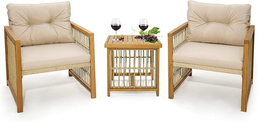 Tangkula 3 Pieces Acacia Wood Patio Furniture Set, PE Wicker Bistro Set with Cushioned Chairs and Coffee Table, Outdoor Conversation Set for Porch, Deck, Balcony, Backyard (Beige)