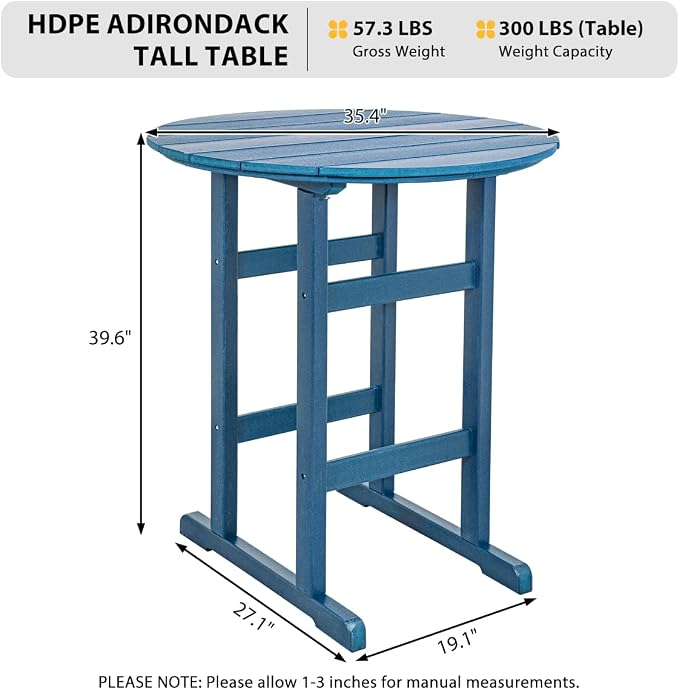 Sundale Outdoor Adirondack Round Bar Table, 39 Inch Height Patio Large Pub Table for 4, All Weather HDPE High Top Bistro Counter Table for Outside Deck Porch Balcony Poolside, Navy Blue