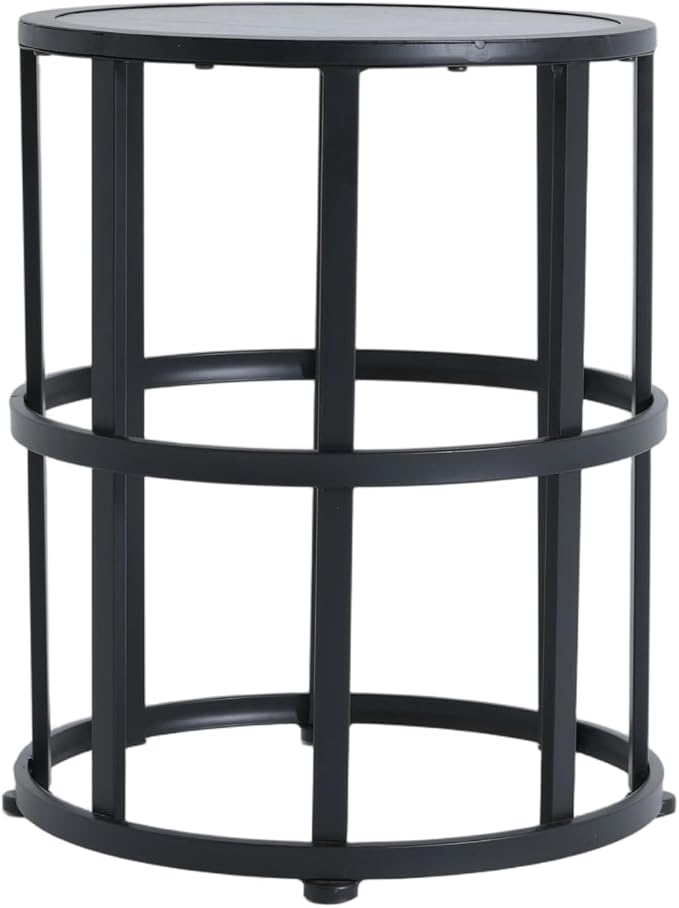 Black Metal Round Patio Side Table, Open Cylinder Slatted Outdoor End Table, Weather Resistant Iron Accent Drink Table for Backyard Garden Porch Poolside, Modern Indoor & Outdoor Pedestal Side Table