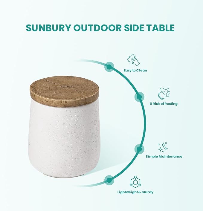 SUNBURY Outdoor Side Table, 13" W Concrete End Tables for Patio, Accent Side Table, Garden Stool Wooden-Look Top Lightweight for Livingroom Bedroom, Garden, Backyard, White
