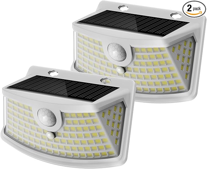 Aootek Solar Motion Sensor Lights Outdoor 120 LEDs, White, 2 Pack | Lights Reflector, 270° Wide Angle, IP65 Waterproof, Step Lights For Front Door, Yard, Garage, Deck