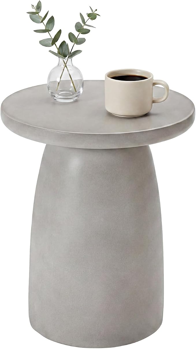HOMPUS Outdoor Side Table, Concrete Side Table Faux Stone Hourglass Shaped, Patio Round Accent Table, Lightweight MgO Circular Coffee Table Garden Tool for Home Decor, Porch and Deck, Grey