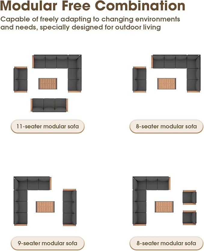 Aluminum Outdoor Patio Furniture Set, 11 Seats Patio Conversation Sets, Oversized Outdoor Sectional with Washable Thick Cushions & Coffee Table for Backyard, Garden and Poolside, Graphite