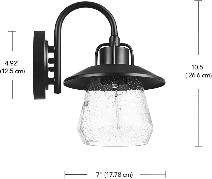 Globe Electric 60000012 1-Light Outdoor Wall Sconce, Matte Black, 7" Seeded Glass Shade, Curved Stem, Porch Light, Wall Lighting, Patio Décor