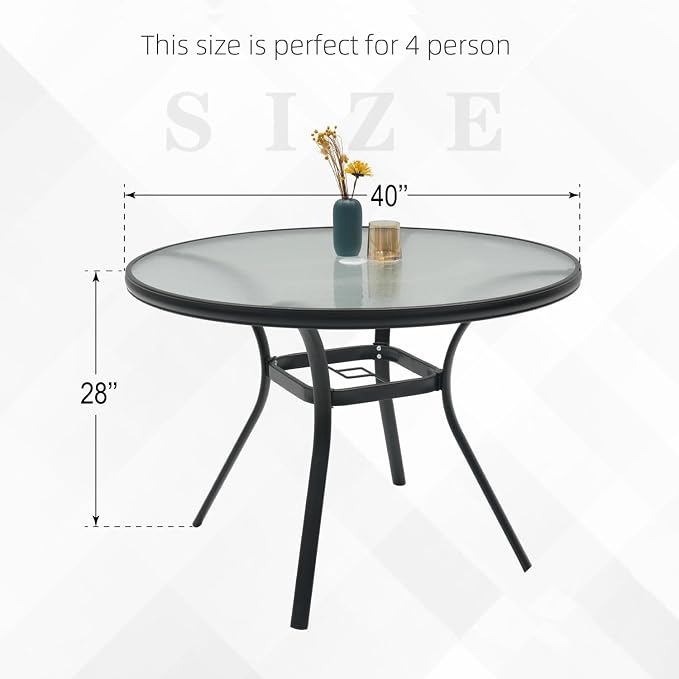 40" Round Glass Ourdoor Table for 4 Person with Umbrella Hole, Black Frame | 40 inch Round Glass Table Top, Black Metal Frame, 4 Person Table