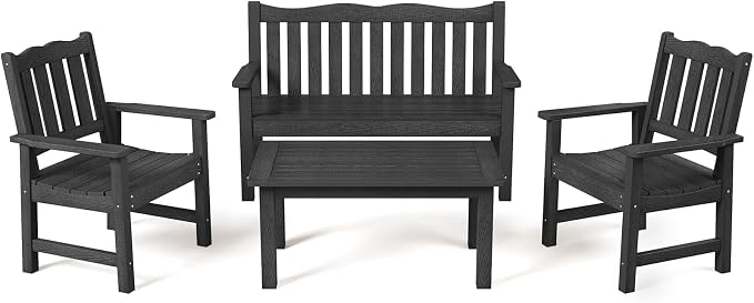 Stoog 4-Piece Patio Furniture Set, All-Weather Outdoor Dining Set, Include 1 Outdoor Bench, 2 Outdoor Chairs and 1 Coffee Table, Black