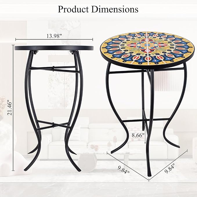 14 Inch Mosaic Patio Side Table with X-Curved Legs, Indoor Outdoor Accent Round End Table with Ceramic Tile Tops for Yard, Garden, Living Room, Bistro, C - Grand Mandala