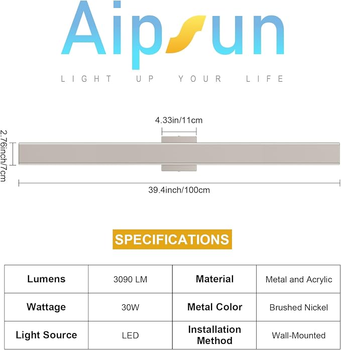 Aipsun 2 Packs Nickel Outdoor Wall Light 39.4inch Modern LED Exterior Wall Sconce, Long LED Linear Exterior Lights 3000K 4000K 6000K for Entrance, Hallway, Garage, Porch(3CCT)