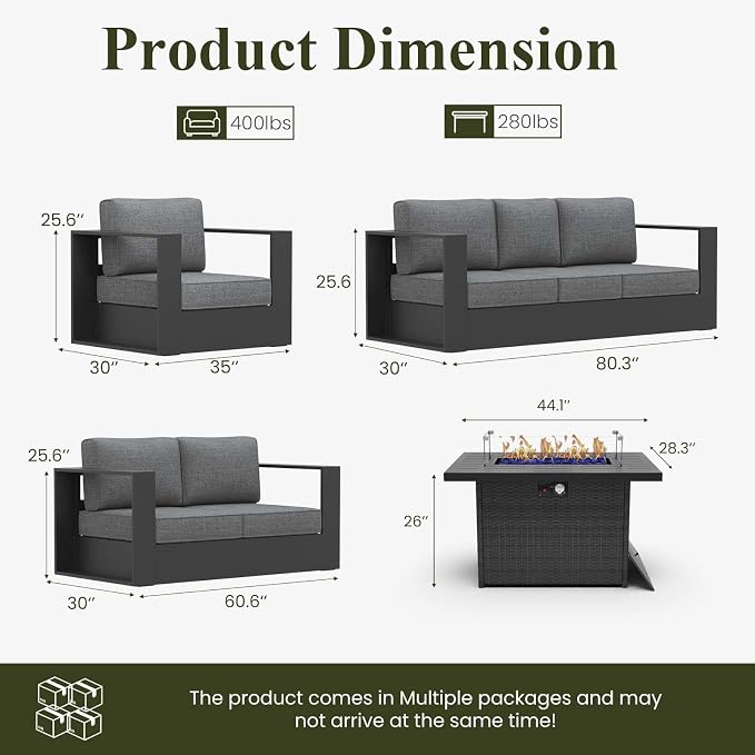 LayinSun Oversized Aluminum Outdoor Furniture Set, 5 Piece Patio Sofa Sets with Fire Pit Table, Deep Seating and Upgraded 6-inch Cushions for Porch, Balcony, Deck
