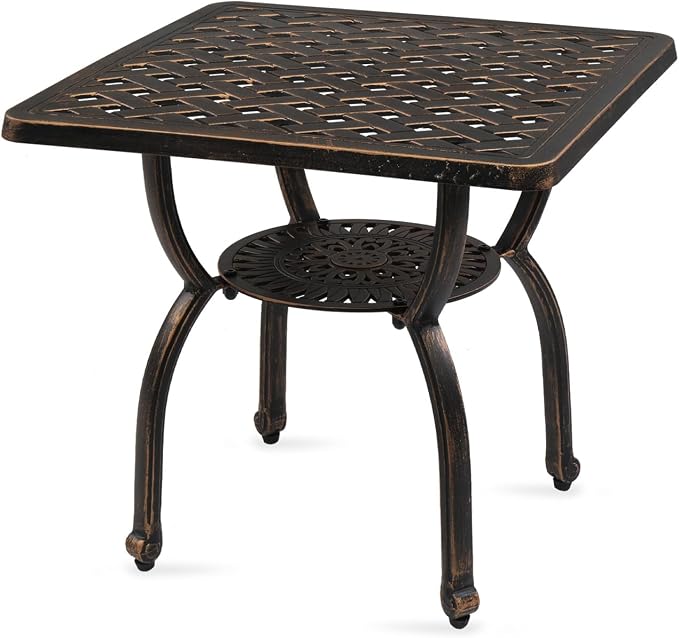 Outdoor Cast Aluminum Side Table,Cast Aluminum Outdoor Anti-Rust Patio Coffee Bistro Table for Indoor,Garden,Porch,Balcony(Square Antique Bronze)