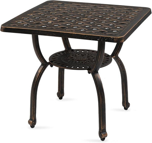21.3 Inch Cast Aluminum Square Side Table for Balcony, Outdoor Patio Bistro Table Antique Bronze, Heavy Duty Small End Table for Garden Yard Porch, Antique Bronze Garden Accent Tables, Easy Assembly
