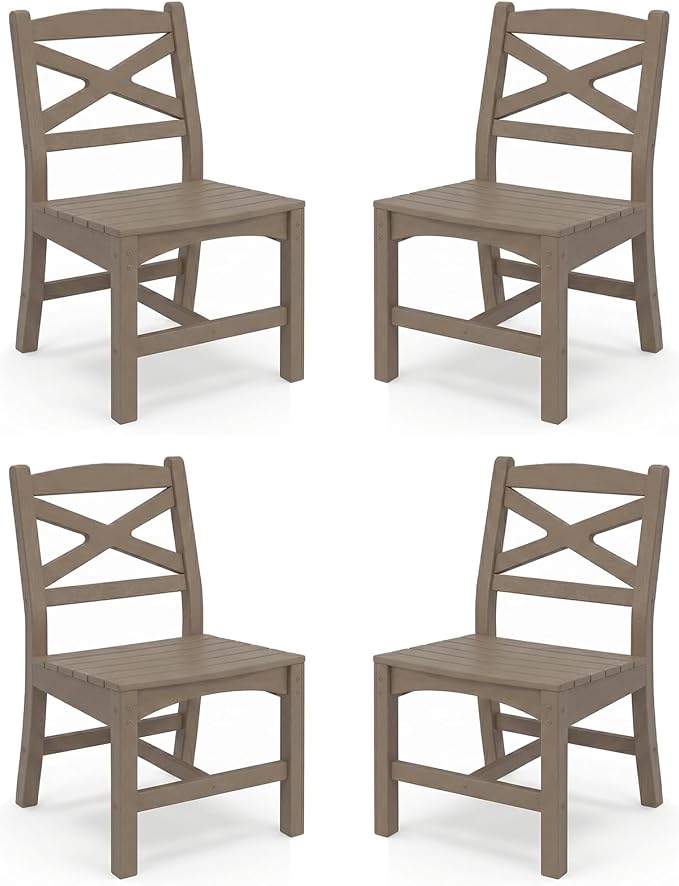 Outdoor Armless Dining Chairs Set of 4,HDPE Patio Chairs with Wide Seat,All-Weather HDPE Patio Armless Chairs for Porch, Backyard, Deck, White Brown, Table not Included