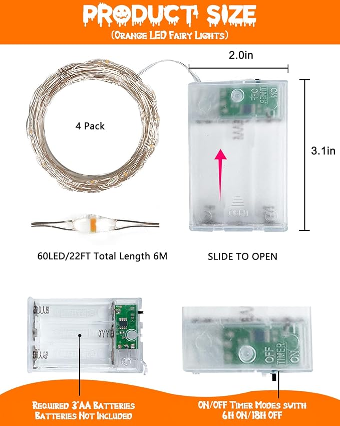 4 Pack 60 LED Fairy Lights Battery Operated with Timer, Fall Lights Orange | 20 FT , Cuttable, Waterproof Battery Fall String Lights for Thanksgiving Indoor Outdoor, Bedroom, DIY, Halloween Decorations