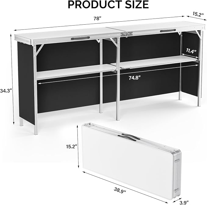 VINGLI 43" Portable Bar Table, 3-Tier Shelves, Carry Bag，Mobile Bar Table for Events, Party, Camping, Picnic, Tradeshow, Outdoor & Indoor with Black Skirt(2, 43") (2) (White, 78")