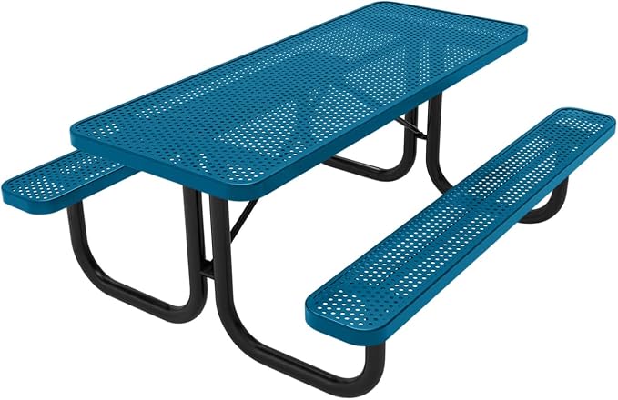 COATEDOUTDOORFURNITURE Heavy-Duty Portable Outdoor Picnic Table, Thermoplastic Coated Punched Steel Commercial-Grade Patio Dining Furniture Made in America (6ft Rectangular, Light Blue)