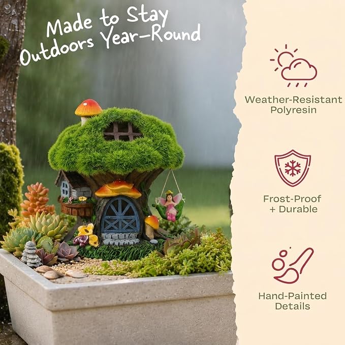TERESA'S COLLECTIONS Fairy House Outdoor Statues with Solar Light for Garden Decor, Green Moss Resin Outdoor Cottage with Swinging Fairy, Lawn Ornaments Yard Decor Gifts for Mom Women, 8"
