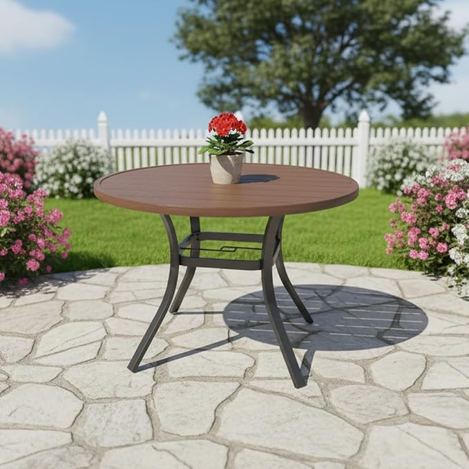 Anmutig Round Outdoor Dining Table, 41-inch All-Weather Patio Table with Adjustable Umbrella Hole for Deck Lawn Garden Backyard Balcony Deck, Metal Frame Slatted Tabletop