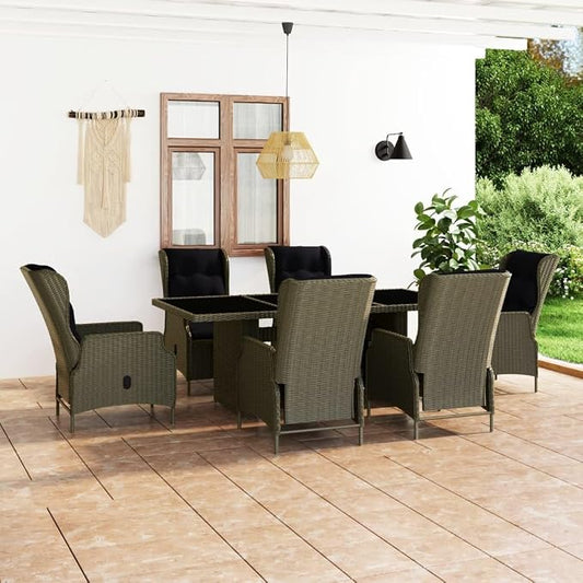 7 Piece Outdoor Patio Dining Set with Cushions, Brown Poly Rattan Wicker Furniture with 6 Reclining Chairs and Glass Table, Adjustable Backrest Garden Porch Balcony Conversation Set for Backyard
