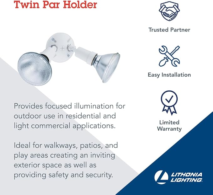 Lithonia Lighting Outdoor Flood Light Fixture, Adjustable Twin Par Flood Light Holder, Safety and Security, 120 Volts, Uses 2 Lamps Up to 150W (Not Included), White, 6-Pack (OFTH 300PR 120 WH CP6 M4)