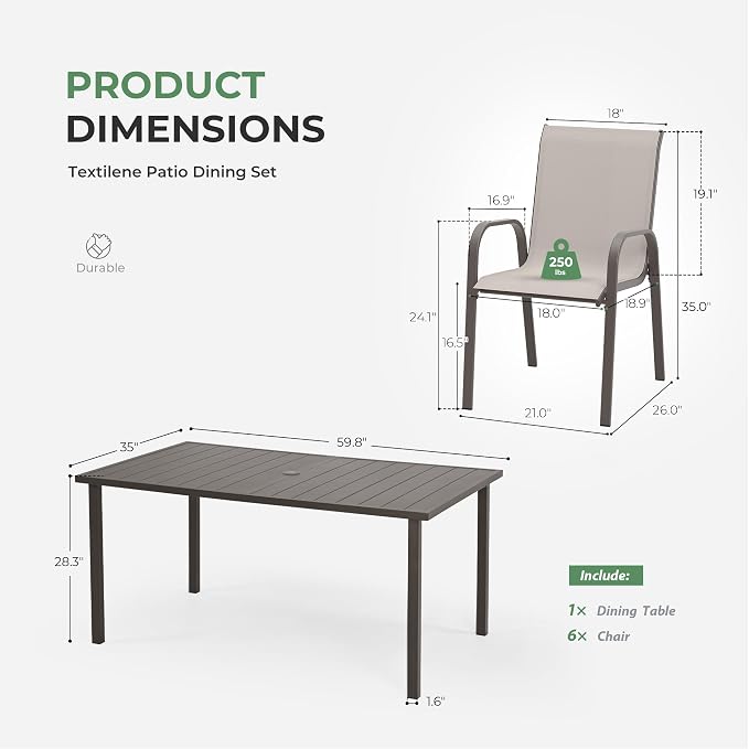 Outdoor Dining Set for 6, Patio Dining Set with Textilene Dining Chairs， Metal Dining Table with Umbrella Hole, Stackable Outdoor Chairs for Garden, Patio, Poolside and Backyard, Grey