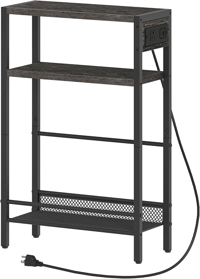 HOOBRO Small Narrow Side Table with Charging Station, Skinny End Table for Small Spaces, Slim Nightstand with USB Ports Outlet, Sofa Beside Table with Storage Shelf, Charcoal Black BC102UBZ01