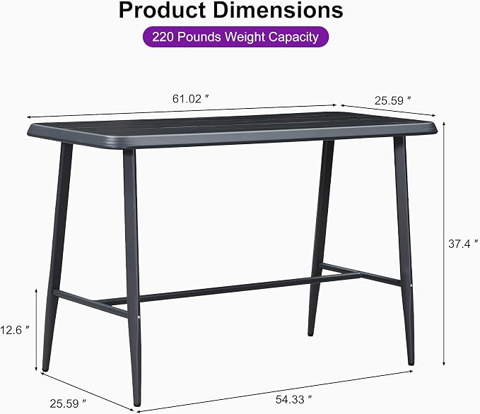 PURPLE LEAF Counter Height Table Patio Rectangular Table Dining Coffee Kitchen Breakfast Bistro Outdoor Pub Bar Table for Garden Balcony, Dark Grey