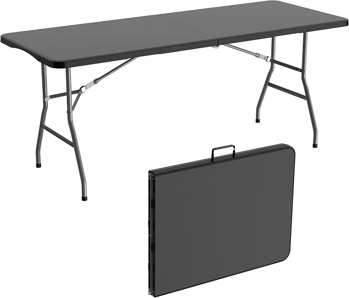 Allpop 6Ft Folding Table for Indoor Outdoor, Fold-in-Half Portable Plastic Dining Table with Carrying Handle for Picnic Party Camping, Black