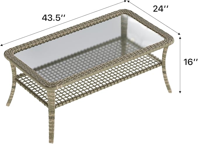 Aoxun Outdoor Coffee Table with Storage Wicker Patio Coffee Table, All-Weather Tempered Glass Top Coffee Table for Patio Furniture Set for Balcony, Garden, Deck, Backyard, Black
