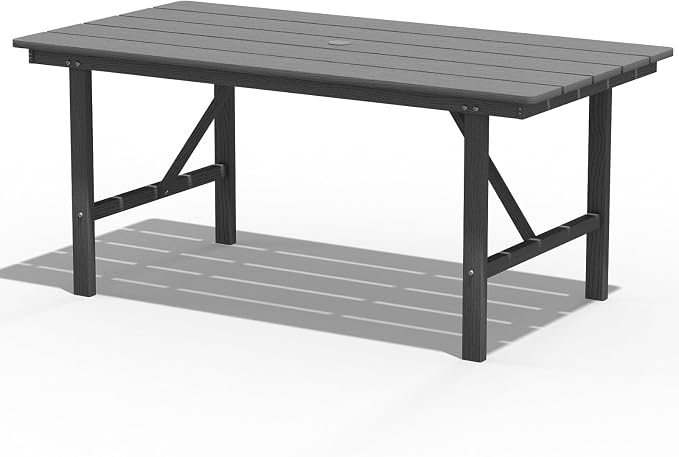 PLUUV 66" Outdoor Dining Table, All-Weather HDPE Rectangular Patio Table with 2” Umbrella Hole, Weatherproof, Grey