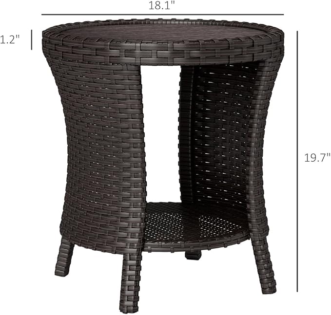 Outdoor Wicker Side Table Hourglass Shape Rattan Patio Table with Storage Shelf, All-Weather for Outside Patio, Porch, Garden, Brown