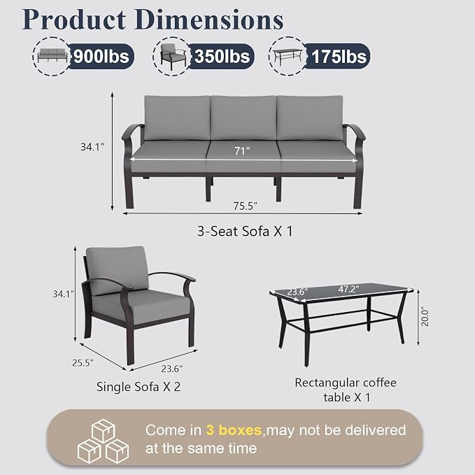 ALAULM Aluminum Patio Furniture Set with Coffee Table Rectangular，5-seat Outdoor Sectional Furniture w/5.1" Cushions，Patio Conversation Set for Porch, Backyard, Poolside-Grey