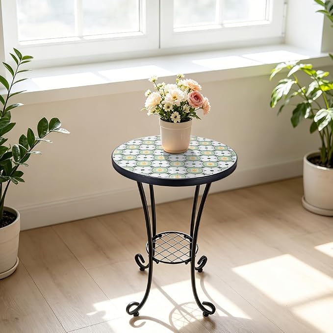 14 Inch Mosaic Patio Side Table with Scroll Legs, Indoor Outdoor Accent Round End Table with Ceramic Tile Tops for Yard, Garden, Living Room, Bistro, B - Granny Square