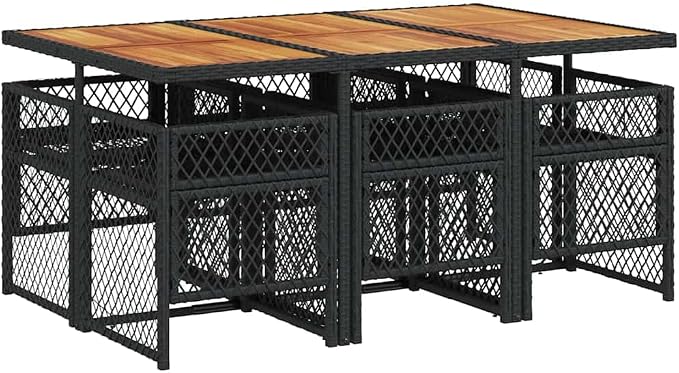 7 Piece Patio Dining Set with Acacia Wood Table and 6 Foldable PE Rattan Chairs, Black and Cream White for Outdoor Garden