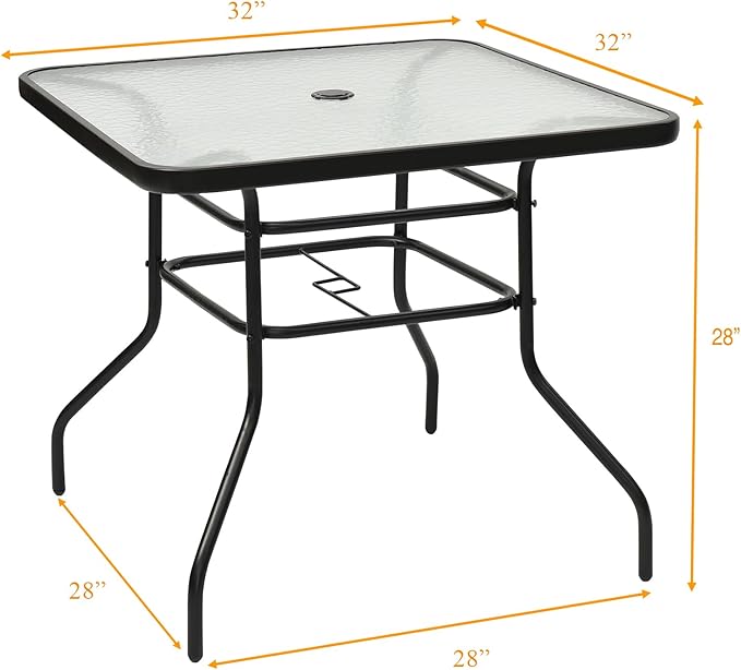 KOTEK 32'' Patio Table with Umbrella Hole, Outdoor Bistro Table w/Tempered Glass Top & Sturdy Metal Frame, Square Patio Dining Table Coffee Table for Garden, Balcony, Poolside