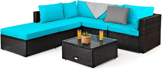 Tangkula 6 Piece Patio Furniture Set, Outdoor Deck Lawn Backyard Durable Steel Frame PE Rattan Wicker Sectional Sofa Set, Conversation Set with Coffee Table (Turquoise)