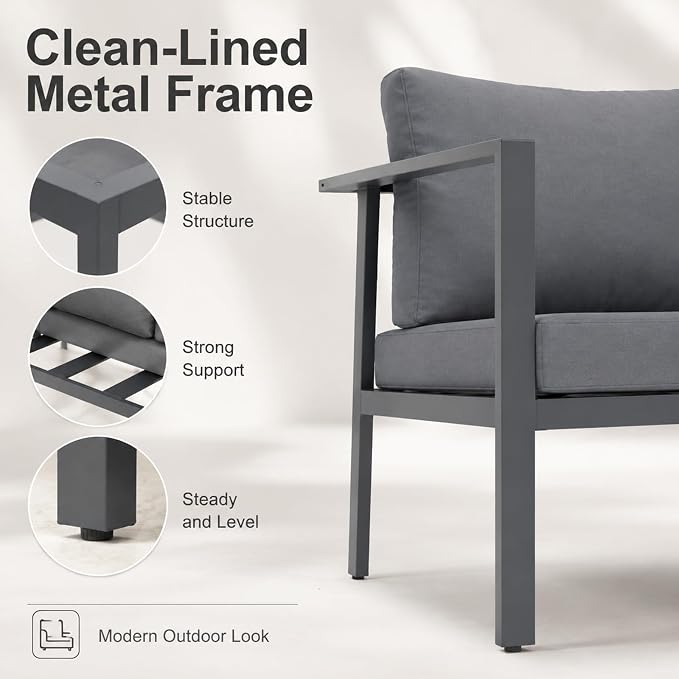Aluminum Patio Sectional Furniture Set,5 piece Patio Conversation Sets Outdoor Patio Furniture Set Sofa with Coffee Table & Washable Cushions Grey