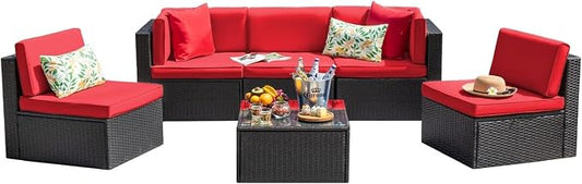 6-Piece Outdoor Patio Furniture Set with Manual Weaving Rattan Sectional Sofa, Glass Coffee Table, Cushions Included, Wicker Patio Conversation Set for Garden, Backyard, Porch Lounge Areas(Red)