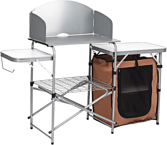 HAPPYGRILL Folding Grill Table Outdoor Camping Kitchen Table with Carry Bag Portable Aluminum Camp Cook Station for BBQ Picnic