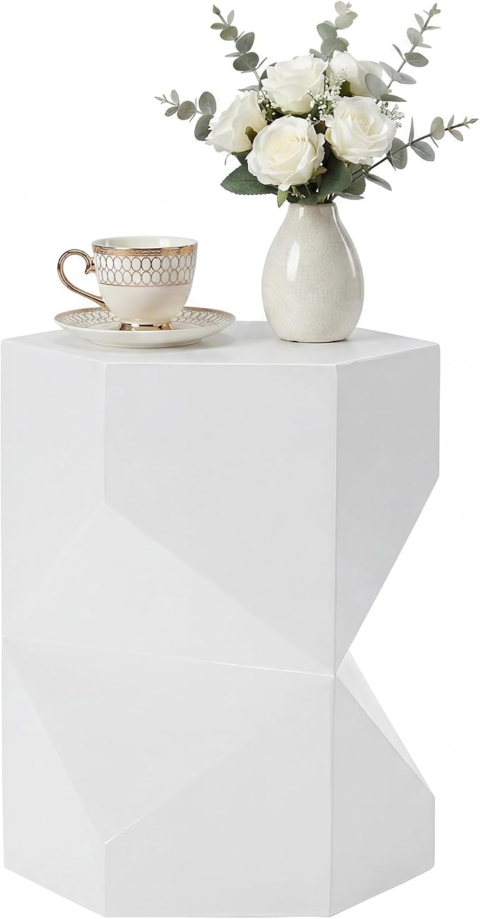 HOMPUS Outdoor Side Table Polygonal, Concrete End Table Hexagonal w Gloss Finish, Patio Accent Table Modern Design Home Decor, MgO Coffee Table for Living Room, Garden, Backyard, White