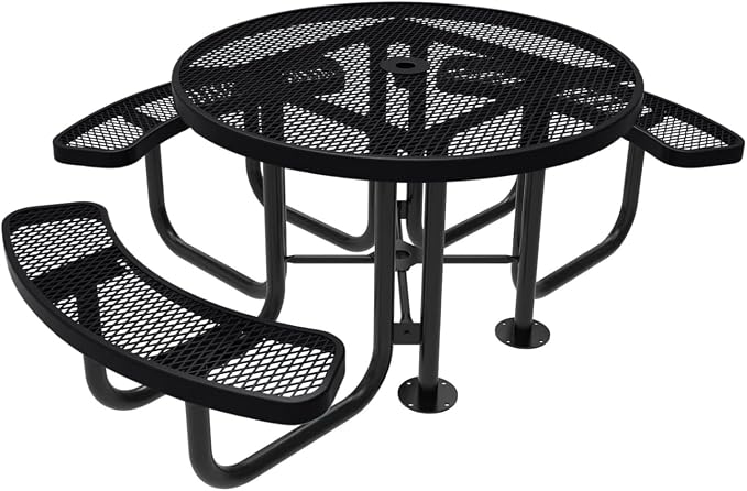 COATEDOUTDOORFURNITURE Heavy-Duty Portable Outdoor Picnic Table with Umbrella Hole, Expanded Metal Patio Dining Furniture Made in America (46" Round Top, Black)
