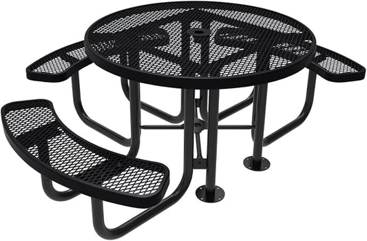 COATEDOUTDOORFURNITURE Heavy-Duty Portable Outdoor Picnic Table with Umbrella Hole, Expanded Metal Patio Dining Furniture Made in America (46" Round Top, Black)