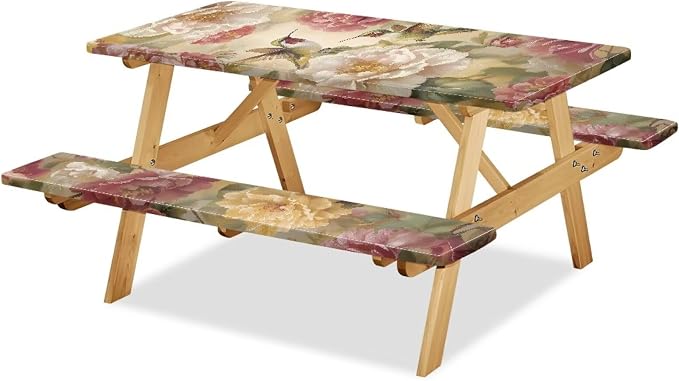 Hummingbird Picnic Table Cover with Bench Covers, Washable Outdoor Camping Essentials Fitted Picnic Table Cover with Bench Covers Suitable for Summer Outdoor Camping