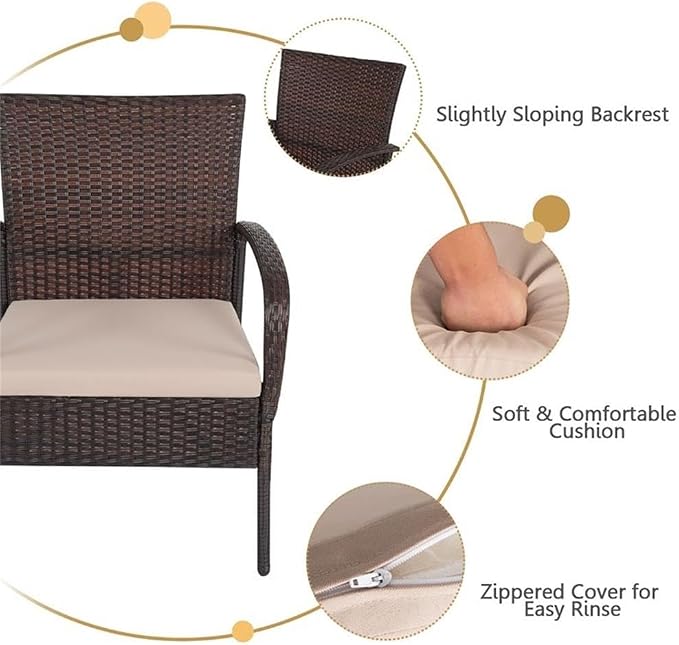 Pemberly Row 4-Piece Patio Rattan Furniture Conversation Set, Brown PE Wicker and Steel Frame, Acacia Wood Table, Ergonomic Design with Cushions, Indoor or Outdoor Seating for Garden or Patio Use