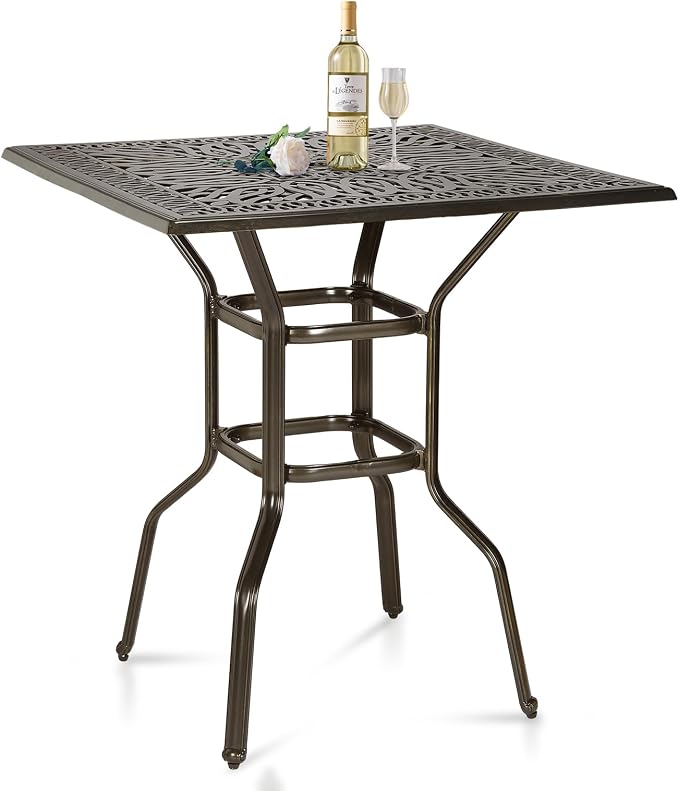 Cast Aluminum Patio Bar Table, 35.4" Outdoor Bar Height Bistro Table with 2.2" Umbrella Hole, Patio Bistro Square High Top Dining Table Pub Table for Porch Balcony Backyard, Dark Bronze