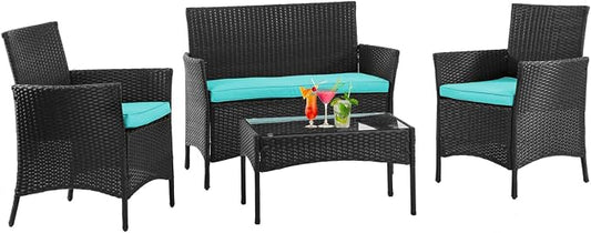 NChanmar Patio Furniture Set, 4 Pieces Outdoor Furniture Rattan Chair, Patio Table and Chairs Set, Wicker Sofa for Yard,Pool and Backyard, Blue