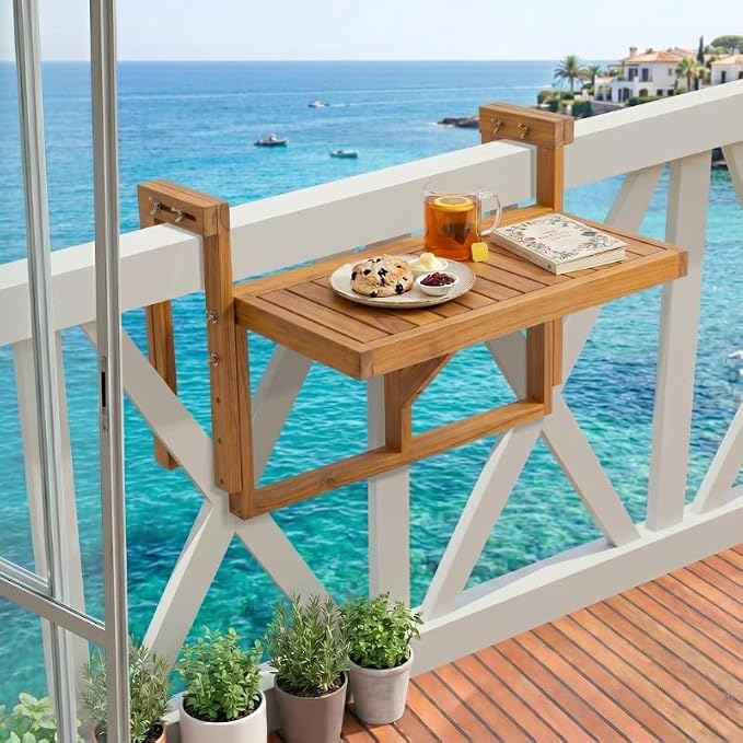 Acacia Wood Balcony Hanging Table – Stable Fixed Outdoor Railing Table – Weather-Resistant White Finish – Adjustable Mounting for Small Balcony, Patio, and Porch (Natural Wood - 1pc)